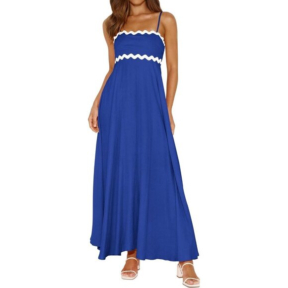 ✨Women Blue Spaghetti Strap Maxi 2025 Summer Casual Sleeveless Smocked Dresses - Picture 1 of 5